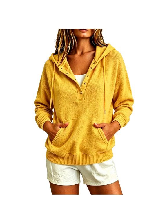 Women's Hooded Snap Pullover Sweater, Long Sleeve Relaxed Fit Knit Top with Kangaroo Pocket for Casual Wear