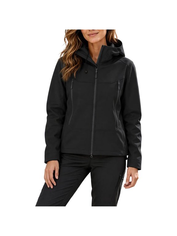 Women's Hooded Softshell Jacket, Full Zip Drawstring Windproof Outerwear with Multi Zipper Pockets for Outdoor Hiking Camping Black S