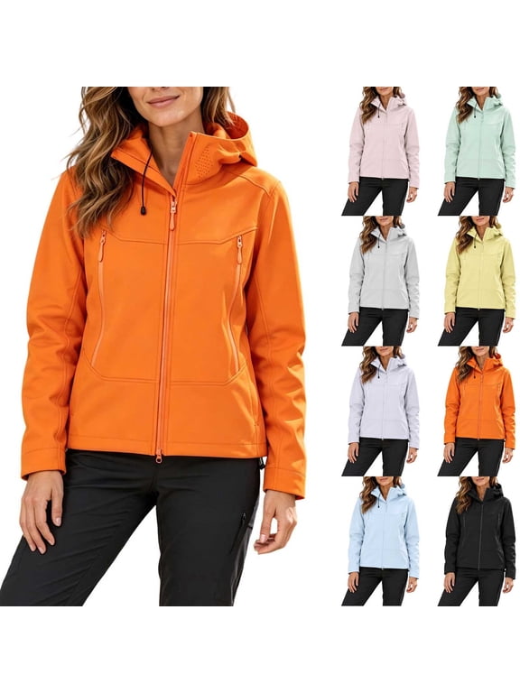 Women's Hooded Softshell Jacket, Full Zip Drawstring Windproof Outerwear with Multi Zipper Pockets for Outdoor Hiking Camping Orange XL