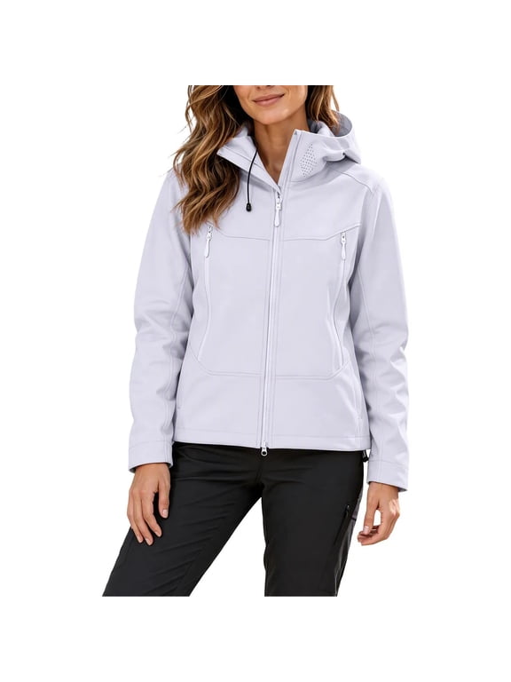 Women's Hooded Softshell Jacket, Full Zip Drawstring Windproof Outerwear with Multi Zipper Pockets for Outdoor Hiking Camping Purple M