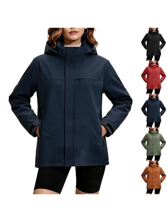 Women's Hooded Softshell Jacket, Mid-Length Zip Up Outdoor Sport Coat with Drawstring Hood and Zipper Pockets Navy XL