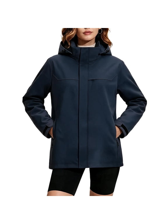 Women's Hooded Softshell Jacket, Mid-Length Zip Up Outdoor Sport Coat with Drawstring Hood and Zipper Pockets Navy XXXL