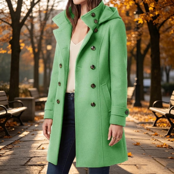 Women's Hooded Solid Double Breasted Mid Length Wool Coat