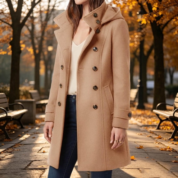 Women's Hooded Solid Double Breasted Mid Length Wool Coat