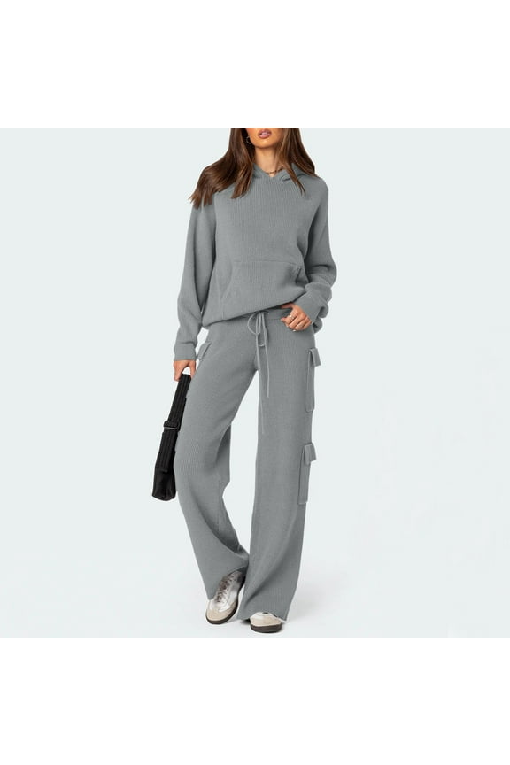 Women's Hooded Sports Casual Sweater Knitted Set Interview Outfit Pant Suits for Women Dressy Wedding Guest Girls Interview Suit Fancy Suits for Women Two Piece Pants Outfits plus Size Pant Suits for