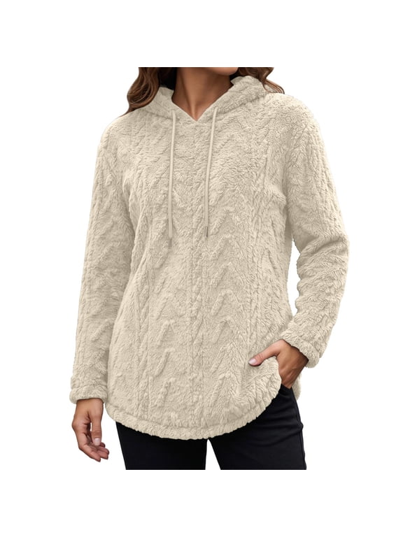 Women's Hooded Sweater Furry Pullover Long Sleeve Tops with Drawstring,Warm Windproof Fall Daily Casual Comfy Wear,Beige,S