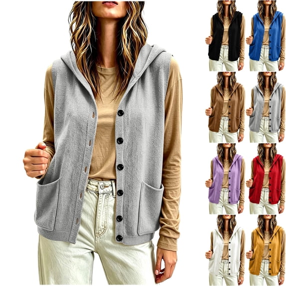Women's Hooded Sweater Vest Button Down Sleeveless Cardigan Jacket Oversized Loose Casual Coat with Pockets for Daily Travel, Gray, XL