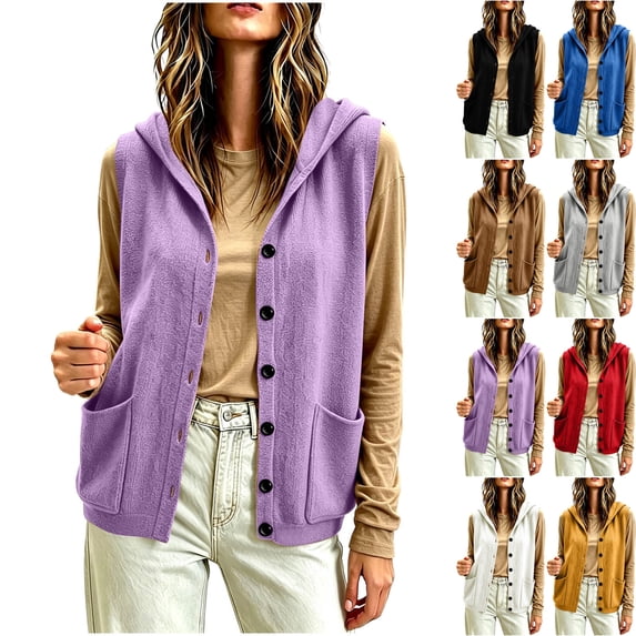 Women's Hooded Sweater Vest Button Down Sleeveless Cardigan Jacket Oversized Loose Casual Coat with Pockets for Daily Travel, Purple, S