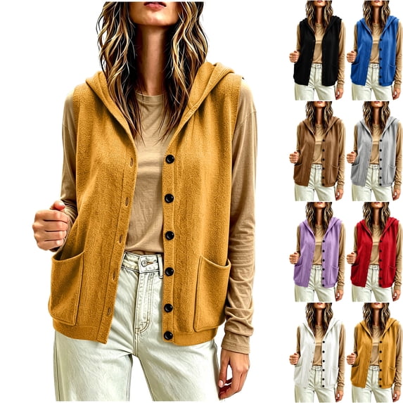 Women's Hooded Sweater Vest Button Down Sleeveless Cardigan Jacket Oversized Loose Casual Coat with Pockets for Daily Travel, Yellow, M