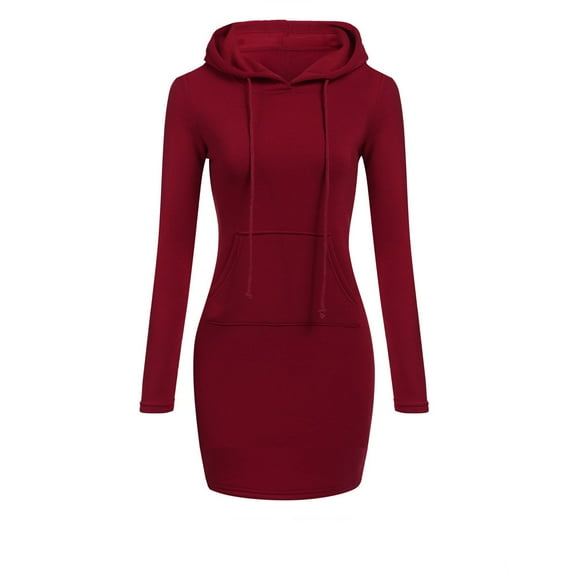 Women's Hooded Sweatershirt Dress Casual Solid Color Pullover Long Sleeve Hoodie Dress with Kangaroo Pocket