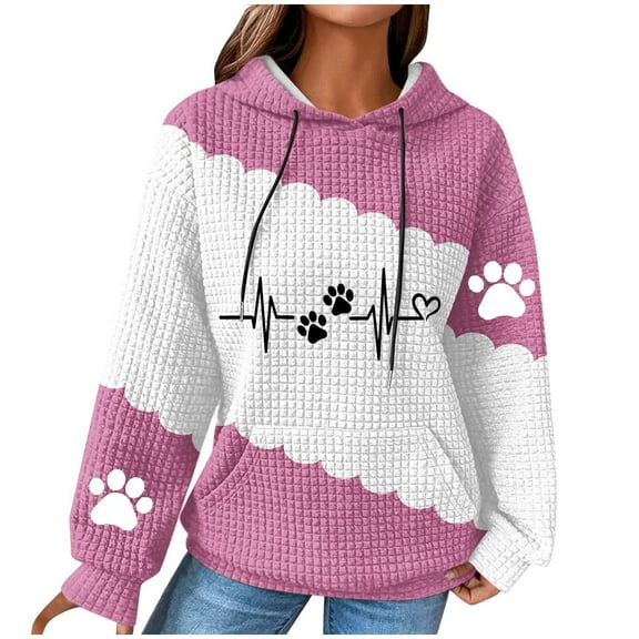 Women's Hooded Sweatshirt Cute Dog Paw Heart Print Hoodies with Front Pocket Sweatshirts Color Matching Waffle Knitted Sweatshirts Loose Casual Long Sleeve Tops Hooded Outwear