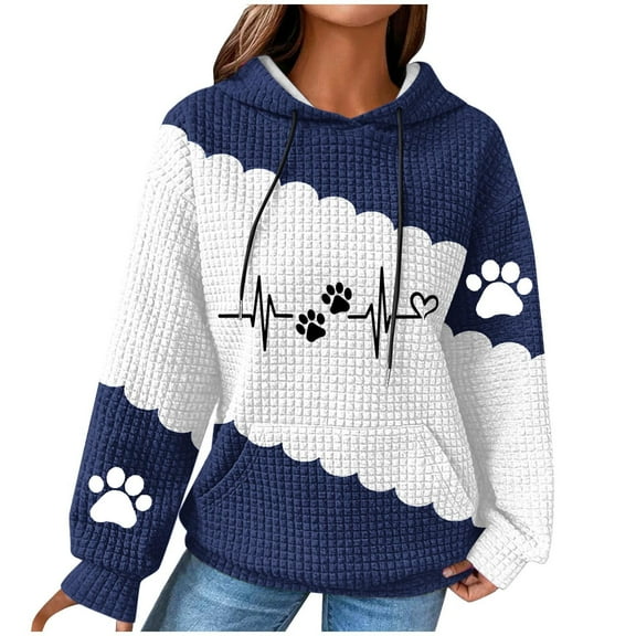 Women's Hooded Sweatshirt Cute Dog Paw Heart Print Hoodies with Front Pocket Sweatshirts Color Matching Waffle Knitted Sweatshirts Loose Casual Long Sleeve Tops Hooded Outwear