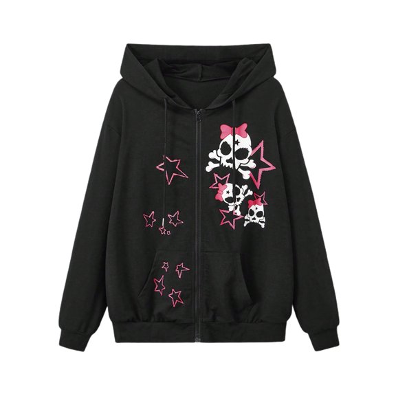 Women's Hooded Sweatshirt Jacket Cartoon SkullStar Pattern Zip Up Fall Coat Streetwear