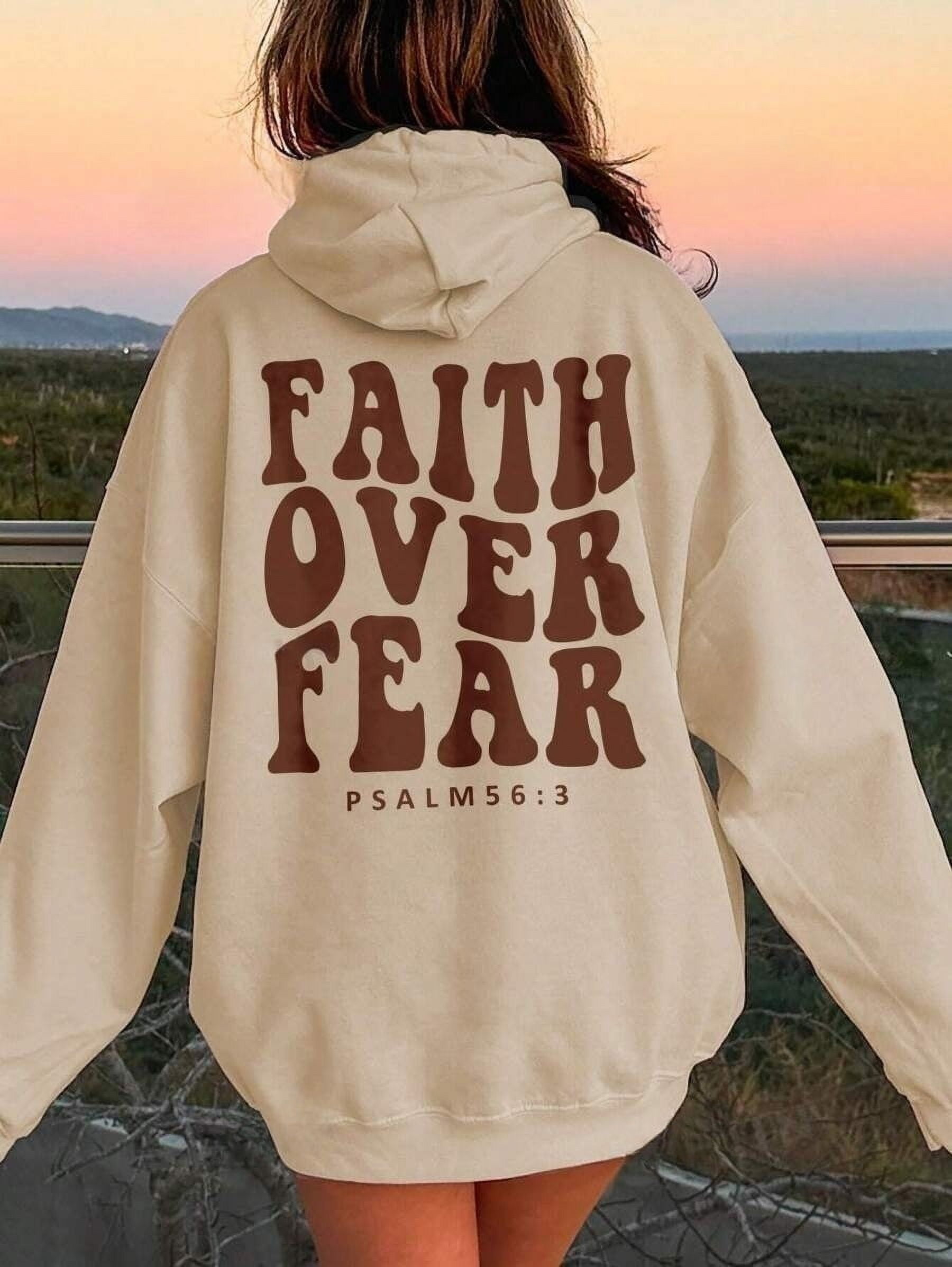 Women's Hooded Sweatshirt With Slogan Print And Kangaroo Pocket FAITH OVER FEAR PSALM
