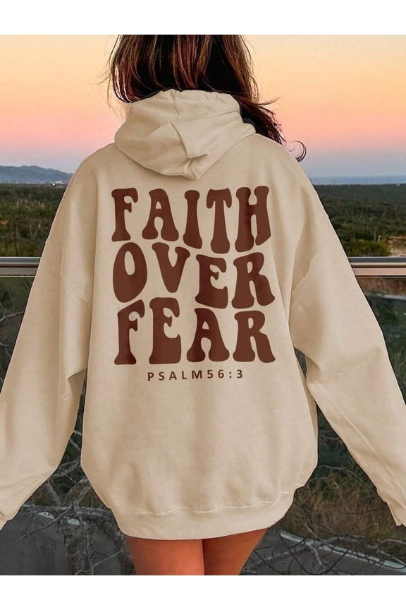 Women's Hooded Sweatshirt With Slogan Print And Kangaroo Pocket FAITH OVER FEAR PSALM