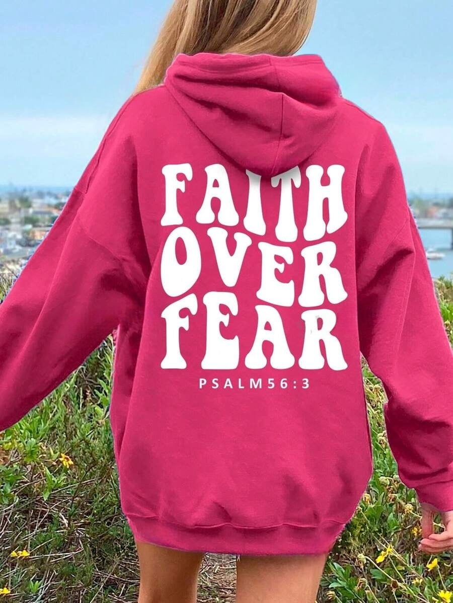 Women's Hooded Sweatshirt With Slogan Print And Kangaroo Pocket FAITH OVER FEAR PSALM
