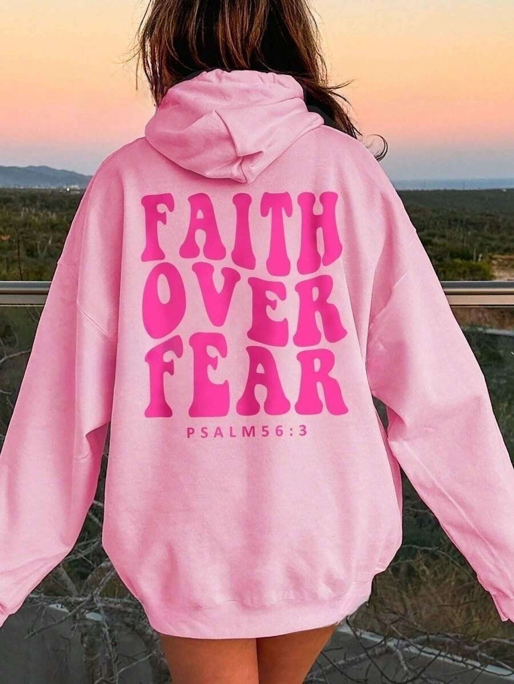 Women's Hooded Sweatshirt With Slogan Print And Kangaroo Pocket FAITH OVER FEAR PSALM