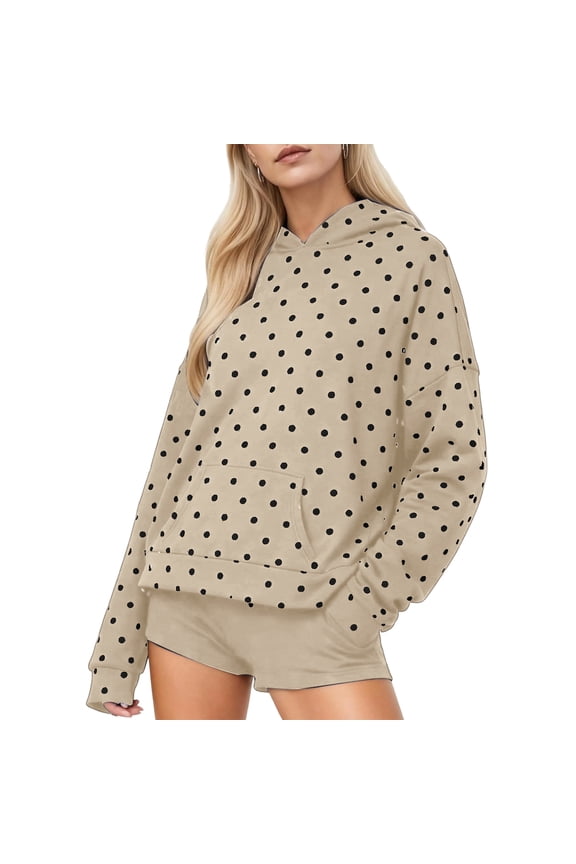 Women's Hooded Sweatshirt with Polka Dot Pattern Print Trendy and Versatile Top for Women Casual Comfort Pullover,Khaki,S