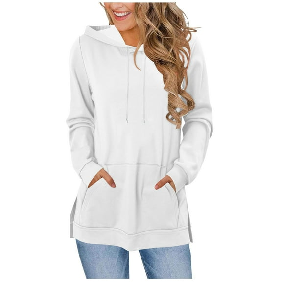 Women's Hooded Sweatshirts Fall Long Sleeved Hoodies Casual Pullover Slit Hooded Top Loose Solid Outwears Outfits with Drawstring Pocket