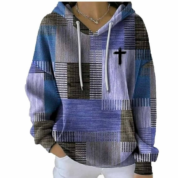 Women's Hooded Sweatshirts Plaid Drawstring Long Sleeve Pullover Tops Casual Stylish Sports Hoodies With Pockets (S, Purple)