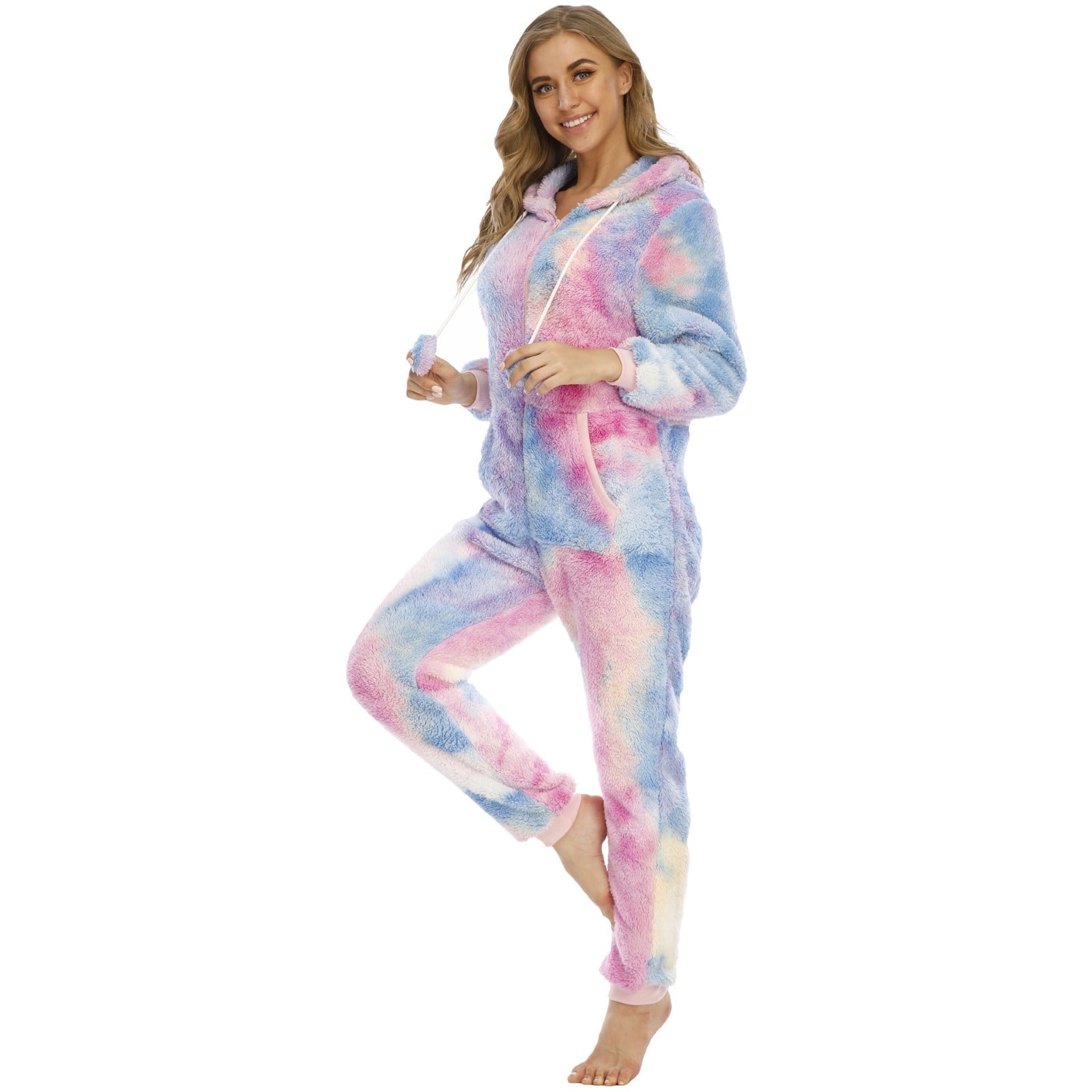 Women's Hooded TieDye Printed Zipper Plush Jumpsuit Nightgown