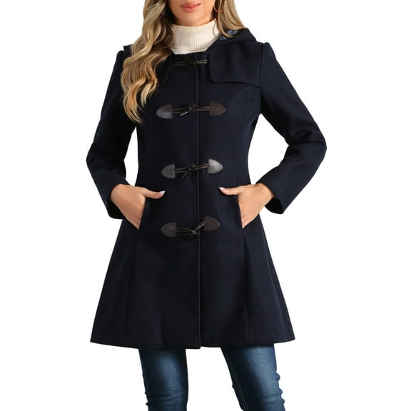 INSPIRE CHIC Hooded Toggle Button Up Duffle Coat for Women's Winter Outwear M Dark Blue