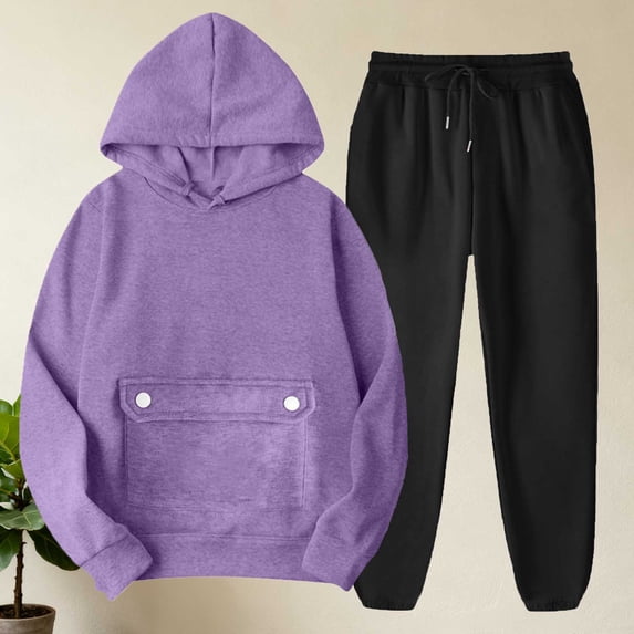 Women's Hooded Tracksuit Set – Long Sleeve Pullover Hoodie with Front Snap Pocket and Elastic Waist Jogger Pants, Cozy Fleece Warm Sweatsuit Two Piece Outfits Purple S