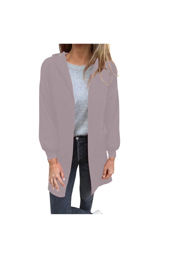 Women's Hooded Trench Cardigan Coat Side Slit Design Mid-Length Wool Blend Layer with Pockets Fall Winter Transitional Wear