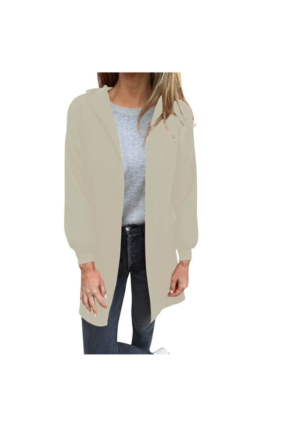 Women's Hooded Trench Cardigan Coat Side Slit Design Mid-Length Wool Blend Layer with Pockets Fall Winter Transitional Wear