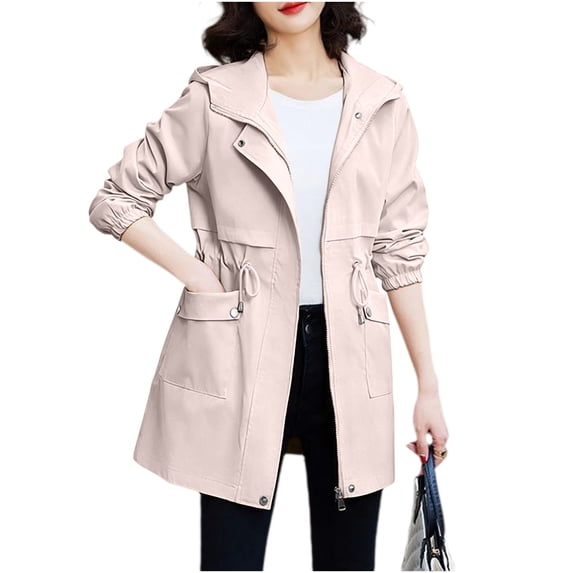 Women's Hooded Trench Coat Drawstring Waist Elastic Cuffs Windproof Outdoor Casual Mid Length Jacket with Pockets Beige XXL