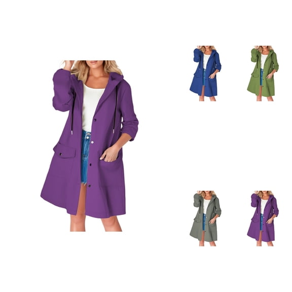 Women's Hooded Trench Coat, Long Raincoat with PU Material, Lightweight Windbreaker Jacket with Belt for Spring Fall Seasons