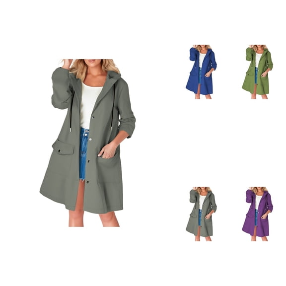 Women's Hooded Trench Coat, Long Raincoat with PU Material, Lightweight Windbreaker Jacket with Belt for Spring Fall Seasons