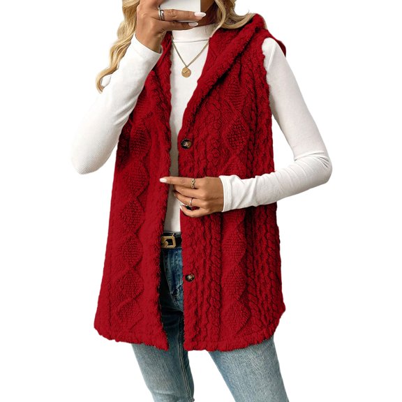 Women's Hooded Vest Winter Wool Button-Up Long Vest Jacket Warm Lightweight Autumn Outerwear