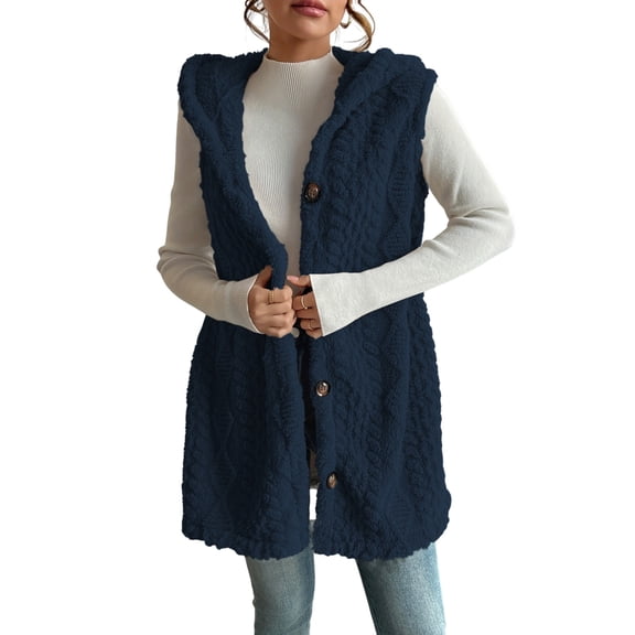Women's Hooded Vest Winter Wool Button-Up Long Vest Jacket Warm Lightweight Autumn Outerwear