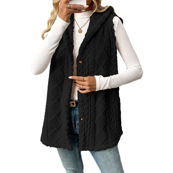 Women's Hooded Vest Winter Wool Button-Up Long Vest Jacket Warm Lightweight Autumn Outerwear