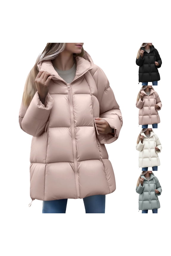 Women's Hooded Warm Winter Coat Women's Fashion Solid Color Casual Zipper Stand Sports Long Sleeve Parkas Pink L