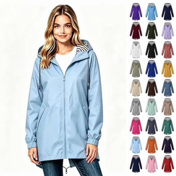 Women’s Hooded Waterproof Rain Jacket Coats, Mid‑Length Casual Long Sleeve Zip Up Outerwear, Women's Size S-5XL