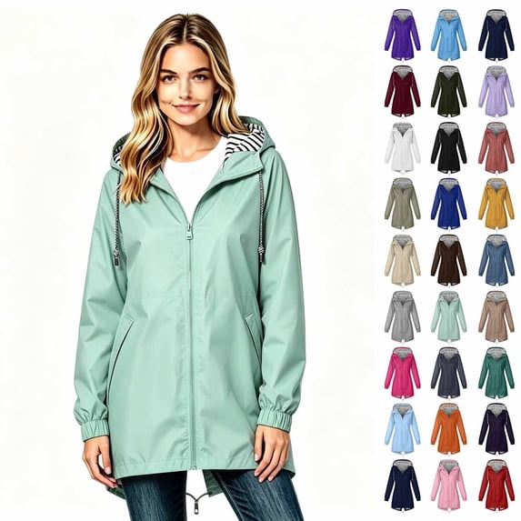 Women’s Hooded Waterproof Rain Jacket Coats, Mid‑Length Casual Long Sleeve Zip Up Outerwear, Women's Size S-5XL