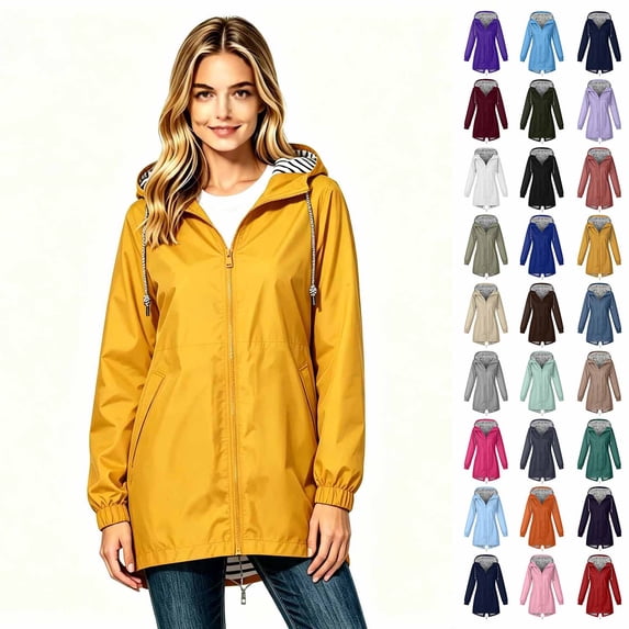 Women’s Hooded Waterproof Rain Jacket Coats, Mid‑Length Casual Long Sleeve Zip Up Outerwear, Women's Size S-5XL