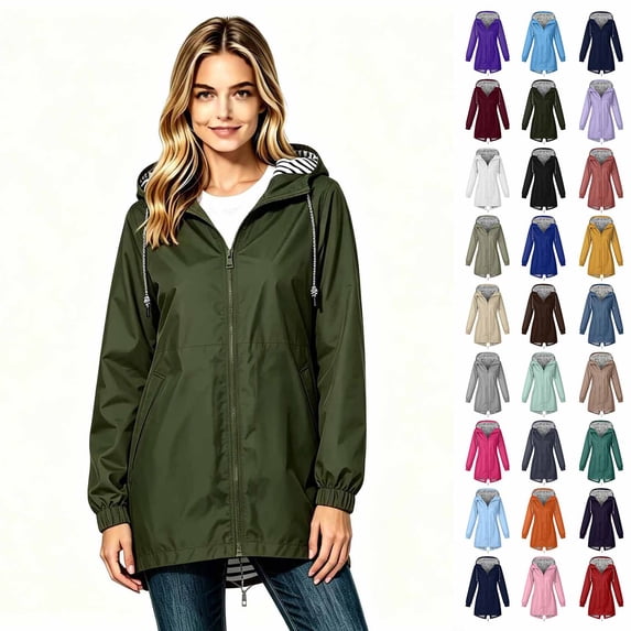Women’s Hooded Waterproof Rain Jacket Coats, Mid‑Length Casual Long Sleeve Zip Up Outerwear, Women's Size S-5XL