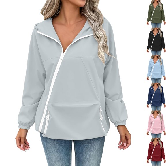 Women's Hooded Windproof Jacket Long Sleeve Asymmetrical Zip Up Windbreaker with Kangaroo Zipper Pocket for Running Travel Daily Wear, Gray, XXL
