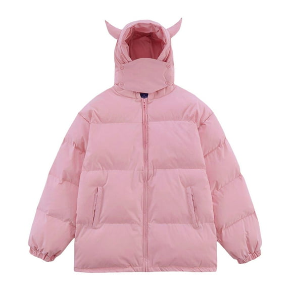 Women 's Hooded Winter Coat with Hooded Horns Casual Long Sleeve Zip up Couple Jacket with Pockets Y2K Quilted Puffer Warm Jacket Parka with Mask