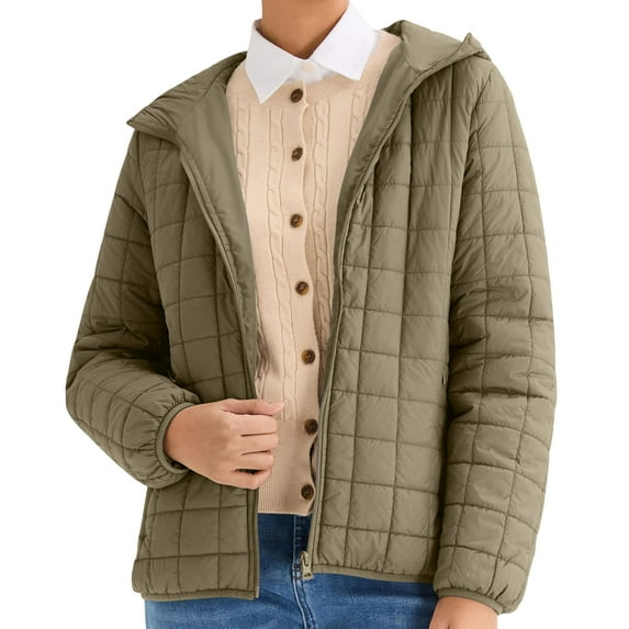 Women's Hooded Winter Coats Long Sleeve Lightweight Quilted Jackets Warm Zip up Puffer Outerwear Trendy Clothing New Womens Jackets Fall Khaki L