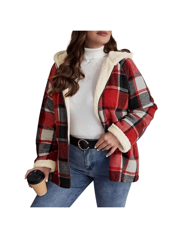Women's Hooded Winter Coats Sherpa Fleece Lined Thick Warm Full-zip Up Flannel Plaid Jacket with Hood Overcoat (2XL, Red)