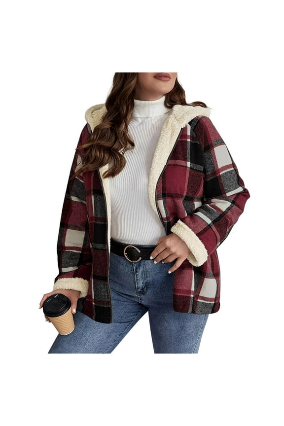 Women's Hooded Winter Coats Sherpa Fleece Lined Thick Warm Full-zip Up Flannel Plaid Jacket with Hood Overcoat (L, Hot Pink)