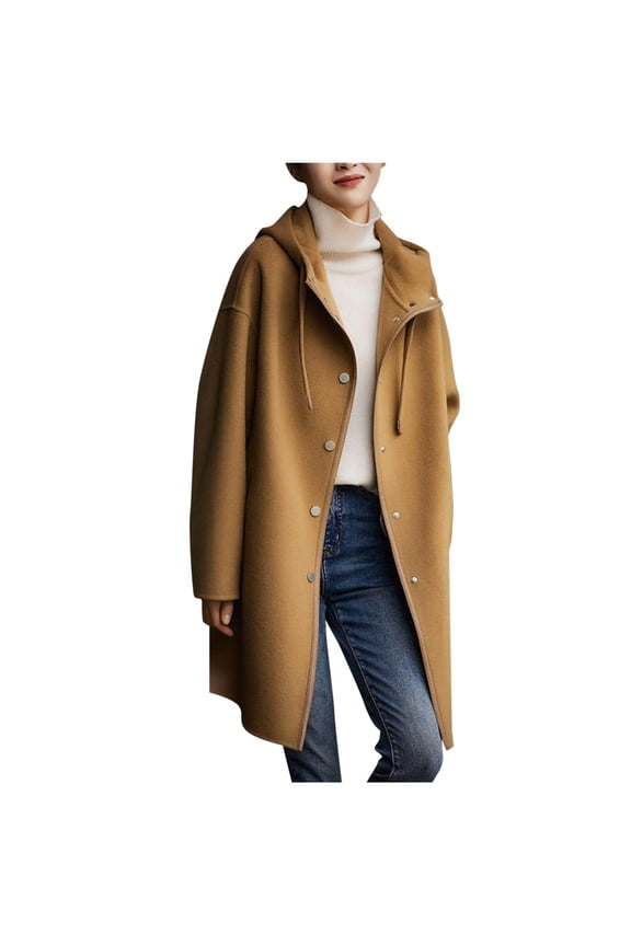 Women's Hooded Wool Blend Coat Mid-Length Drawstring Waist Single Breasted Stitching Detail Winter Office-Ready Minimalist Layer