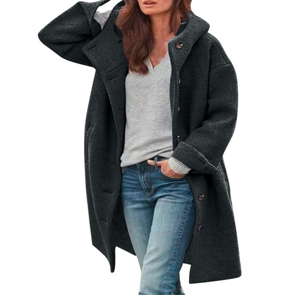 Women's Hooded Wool Blend Long Coat, Button Up Front with Pockets and Long Sleeve, Loose Fit Casual Winter Jacket for Cold Weather,Gray,Size L