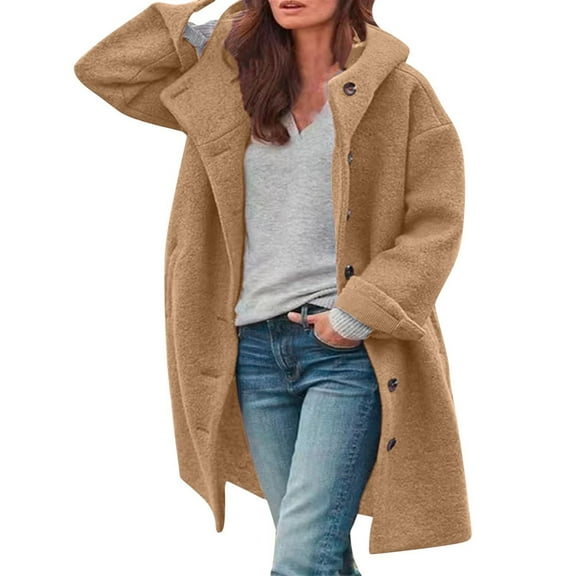 Women's Hooded Wool Blend Long Coat, Button Up Front with Pockets and Long Sleeve, Loose Fit Casual Winter Jacket for Cold Weather,Khaki,Size L