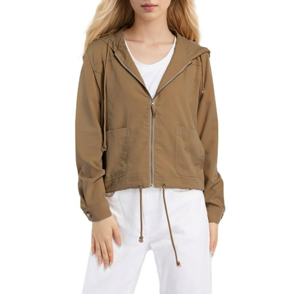 Women's Hooded Zip Front Jacket Casual Lightweight Coat with Drawstrings