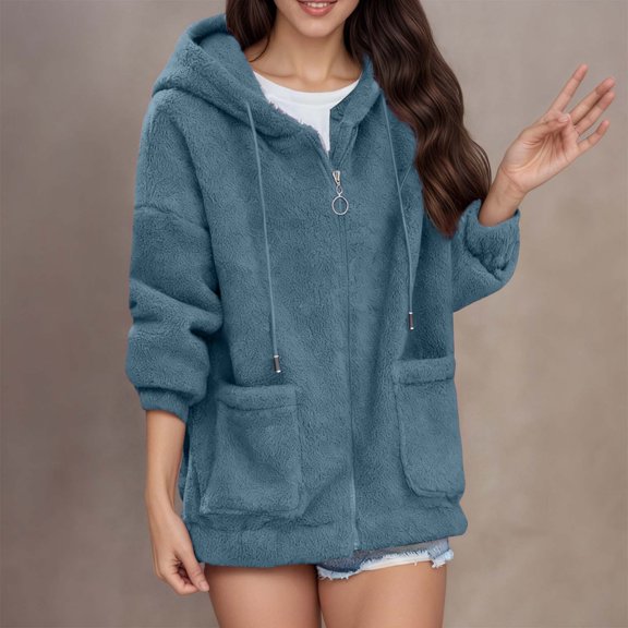 Women's Hooded Zip Up Faux Shearling Fluffy Teddy Jacket (Blue XXXXL)